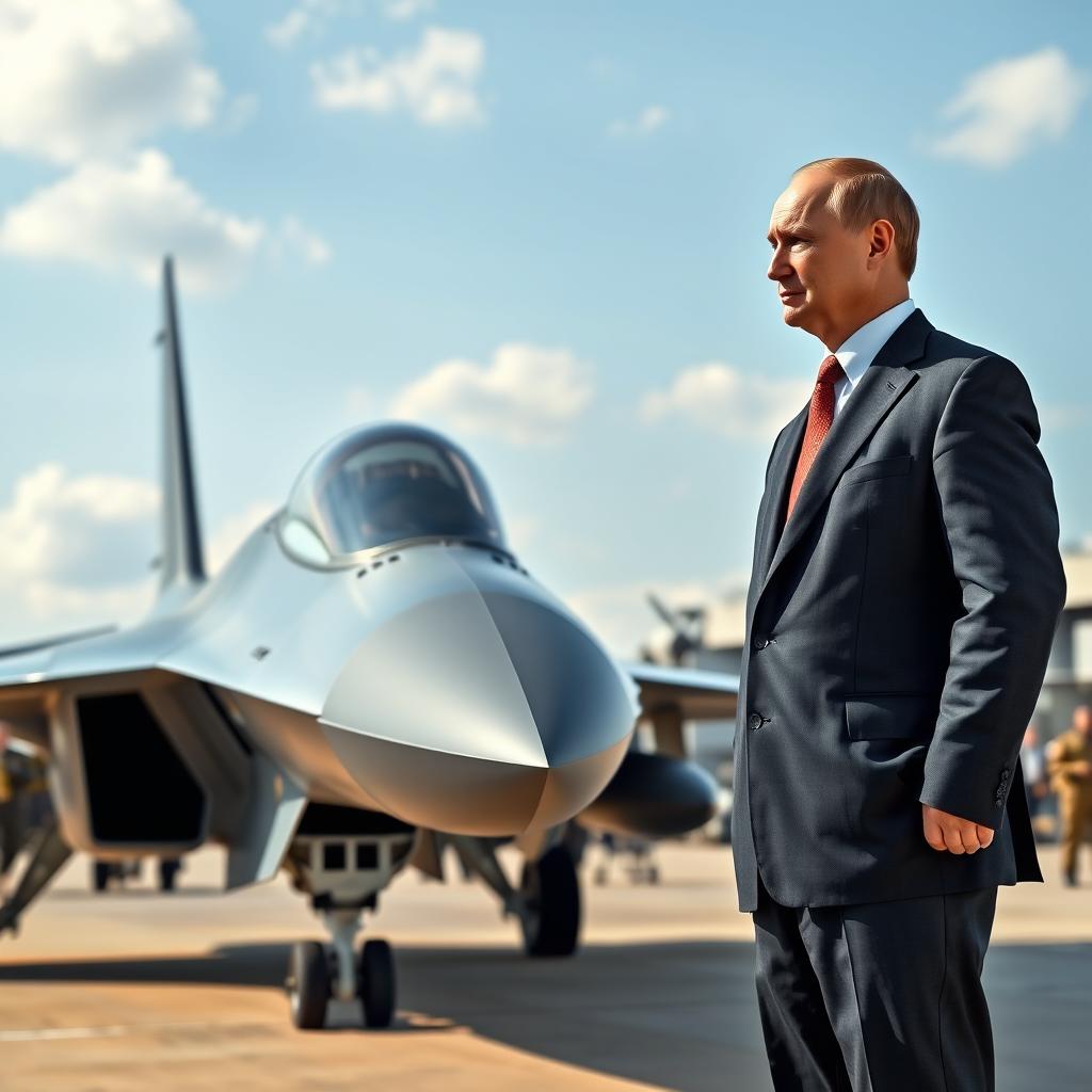 A detailed and realistic scene of Vladimir Putin standing and observing a Su-57 stealth fighter jet at a military airfield