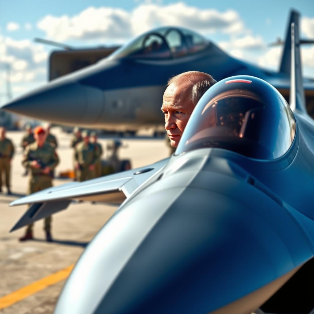 A detailed and realistic scene of Vladimir Putin standing and observing a Su-57 stealth fighter jet at a military airfield