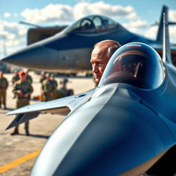 A detailed and realistic scene of Vladimir Putin standing and observing a Su-57 stealth fighter jet at a military airfield