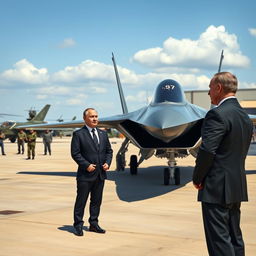 A detailed and realistic scene of Vladimir Putin standing and observing a Su-57 stealth fighter jet at a military airfield