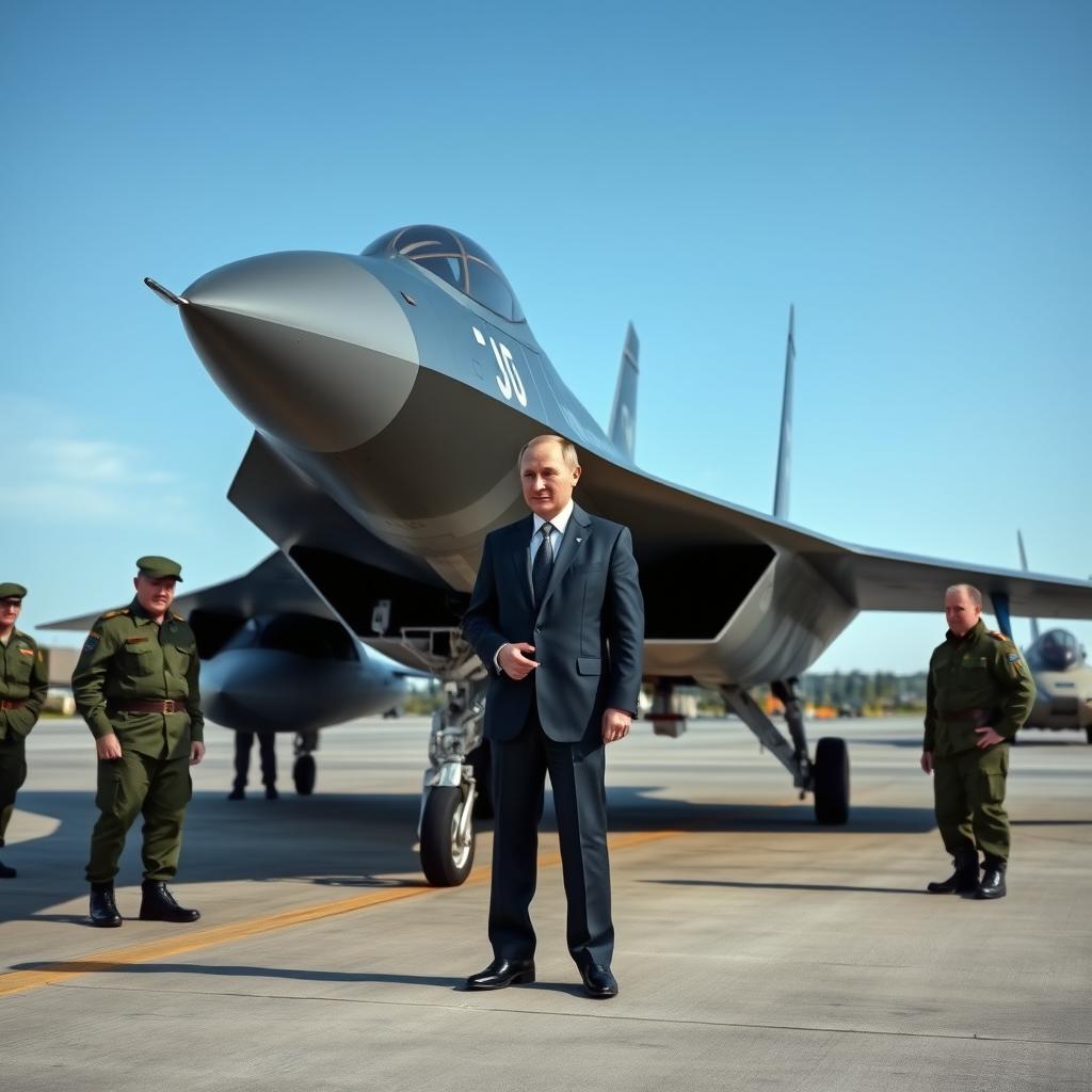 A striking and realistic scene featuring Vladimir Putin standing next to a Su-57 stealth fighter jet on a military airfield