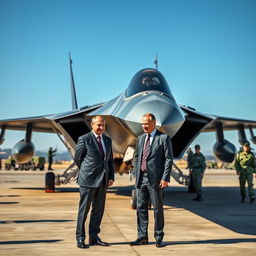 A striking and realistic scene featuring Vladimir Putin standing next to a Su-57 stealth fighter jet on a military airfield