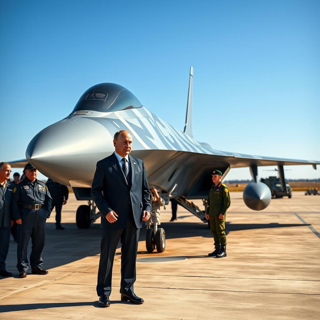 A striking and realistic scene featuring Vladimir Putin standing next to a Su-57 stealth fighter jet on a military airfield