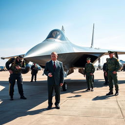 A striking and realistic scene featuring Vladimir Putin standing next to a Su-57 stealth fighter jet on a military airfield