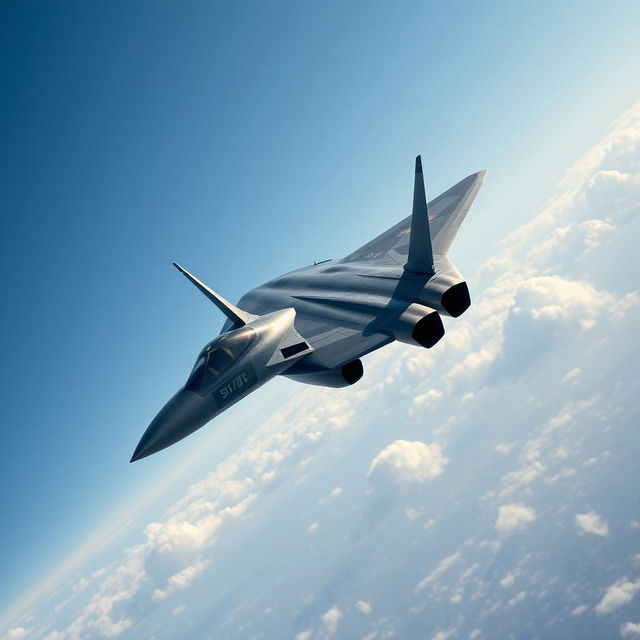 A stunning and highly detailed depiction of a Su-57 stealth fighter jet in flight, showcasing its sleek aerodynamic design and advanced technology