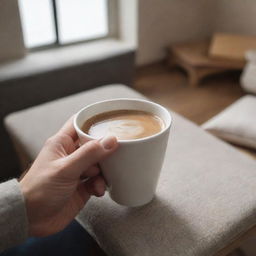 Generate a candid, less professional image of a person's hand holding a cup of Nescafe inside a casual, cozy room. Emphasize the warmth and simplicity of the moment.