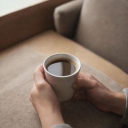 Generate a candid, less professional image of a person's hand holding a cup of Nescafe inside a casual, cozy room. Emphasize the warmth and simplicity of the moment.