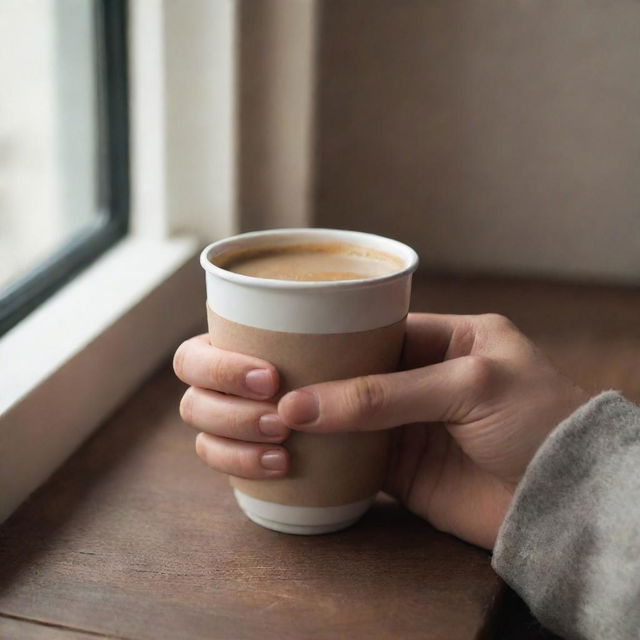 Generate a candid, less professional image of a person's hand holding a cup of Nescafe inside a casual, cozy room. Emphasize the warmth and simplicity of the moment.