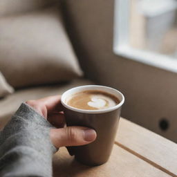 Generate a candid, less professional image of a person's hand holding a cup of Nescafe inside a casual, cozy room. Emphasize the warmth and simplicity of the moment.