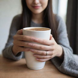 Generate a casual, less professional picture of a girl's hand with long nails elegantly holding a cup of Nescafe inside a cozy, homey setting. Focus on capturing the everyday charm and simplicity of the scene.