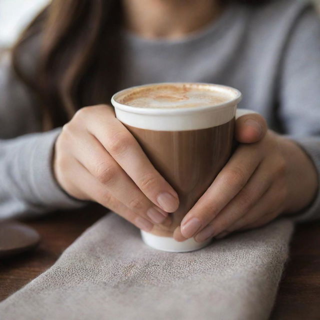 Generate a casual, less professional picture of a girl's hand with long nails elegantly holding a cup of Nescafe inside a cozy, homey setting. Focus on capturing the everyday charm and simplicity of the scene.