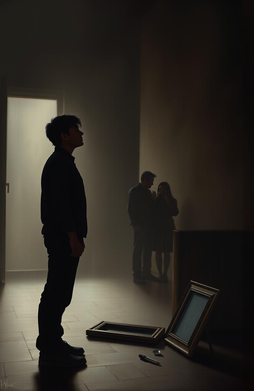 A dramatic scene depicting the theme of betrayal by loved ones, featuring a person standing alone in a dimly lit room, their expression a mix of heartbreak and disbelief