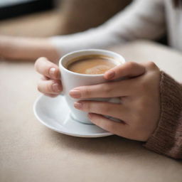 Generate a casual, less professional picture of a girl's hand with long nails elegantly holding a cup of Nescafe inside a cozy, homey setting. Focus on capturing the everyday charm and simplicity of the scene.