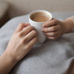 Generate a casual, less professional picture of a girl's hand with long nails elegantly holding a cup of Nescafe inside a cozy, homey setting. Focus on capturing the everyday charm and simplicity of the scene.