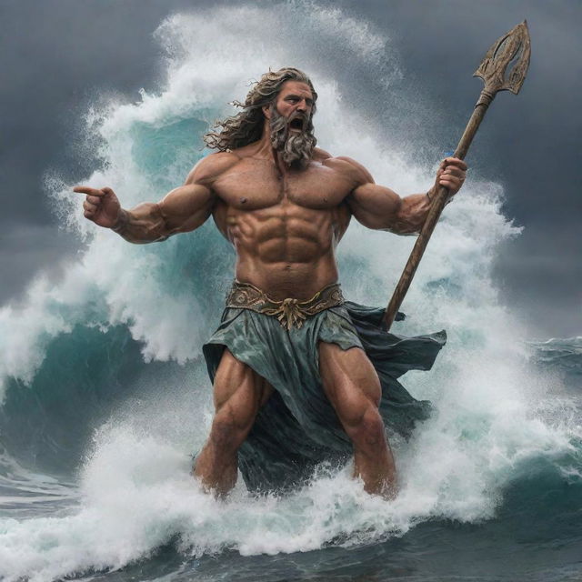 A powerful depiction of Poseidon, god of the sea, depicted as a colossal figure rising from churning ocean waves, his face stern and angry as he wields his signature trident, creating whirlpools and tempests with each gesture.