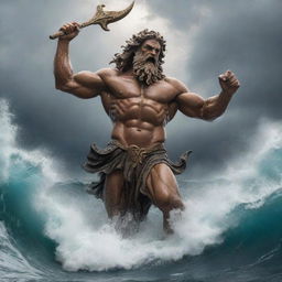 A powerful depiction of Poseidon, god of the sea, depicted as a colossal figure rising from churning ocean waves, his face stern and angry as he wields his signature trident, creating whirlpools and tempests with each gesture.