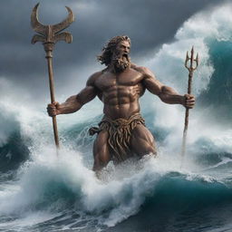 A powerful depiction of Poseidon, god of the sea, depicted as a colossal figure rising from churning ocean waves, his face stern and angry as he wields his signature trident, creating whirlpools and tempests with each gesture.