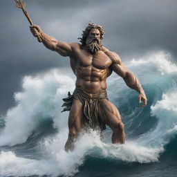 A powerful depiction of Poseidon, god of the sea, depicted as a colossal figure rising from churning ocean waves, his face stern and angry as he wields his signature trident, creating whirlpools and tempests with each gesture.