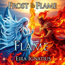 A dramatic book cover for 'Frost & Flame' by Eira Ignatius, featuring an ice queen and a fire king in a dynamic confrontation