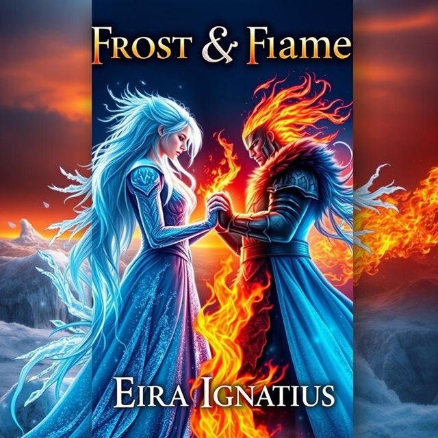 A dramatic book cover for 'Frost & Flame' by Eira Ignatius, featuring an ice queen and a fire king in a dynamic confrontation