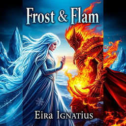 A dramatic book cover for 'Frost & Flame' by Eira Ignatius, featuring an ice queen and a fire king in a dynamic confrontation