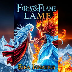 A dramatic book cover for 'Frost & Flame' by Eira Ignatius, featuring an ice queen and a fire king in a dynamic confrontation