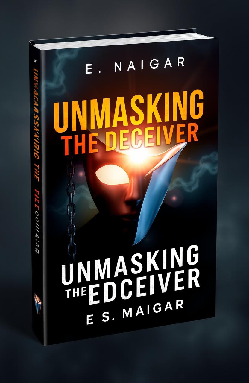 A visually striking book cover design for 'UNMASKING THE DECEIVER' by E S MAIGARI, incorporating elements that symbolize the theme of identifying, exposing, and overcoming seducing spirits