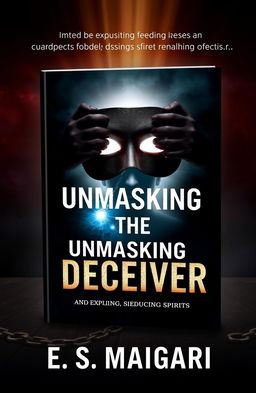 A visually striking book cover design for 'UNMASKING THE DECEIVER' by E S MAIGARI, incorporating elements that symbolize the theme of identifying, exposing, and overcoming seducing spirits