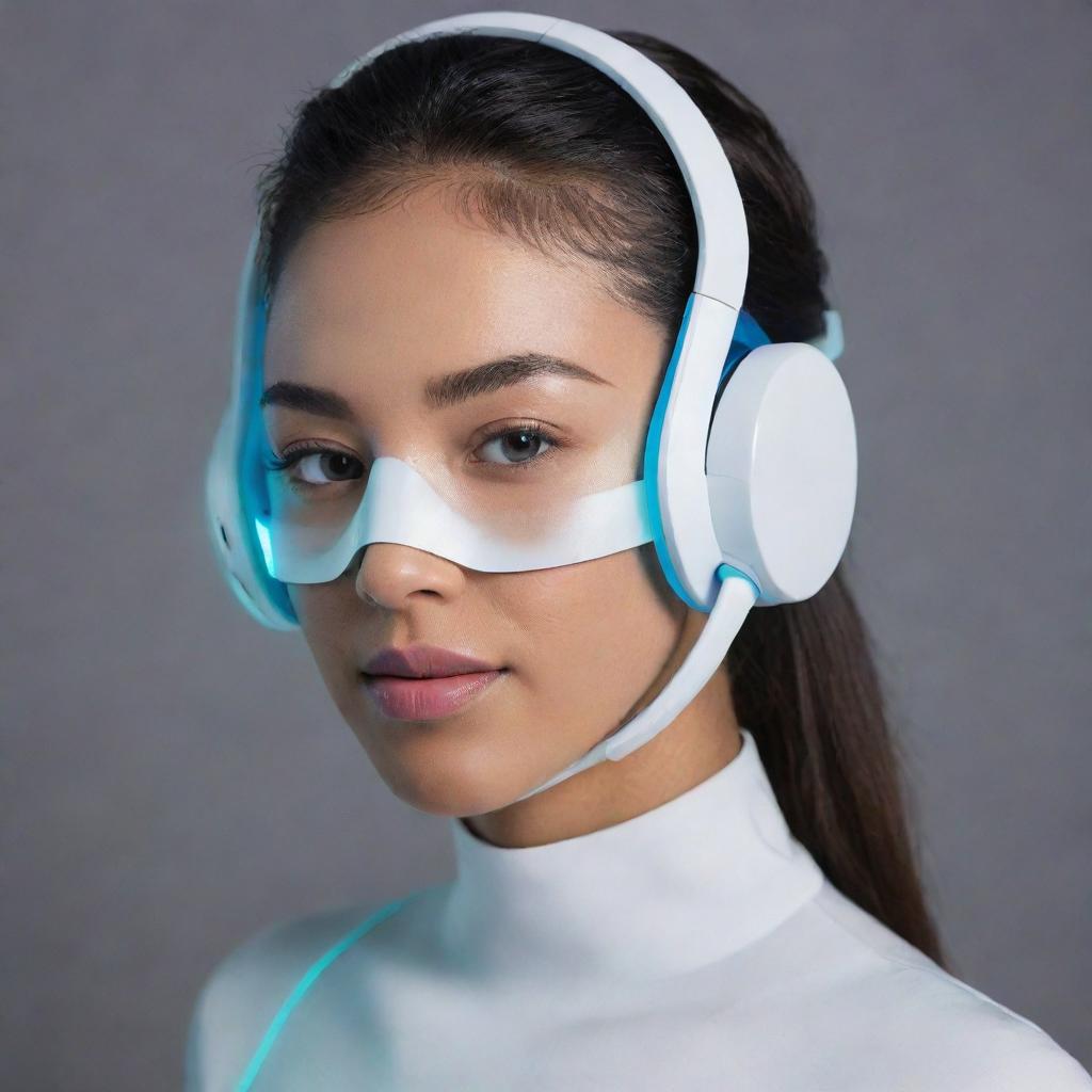 A futuristic headset combined with a sophisticated face mask, illuminated with subtle, sleek lights.