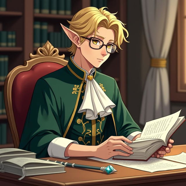 An anime art style illustration of an elf man with well-combed sparkling blond hair, bright golden eyes, and elegantly pointed ears