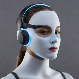 A futuristic headset combined with a sophisticated face mask, illuminated with subtle, sleek lights.