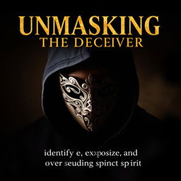 A dramatic and captivating book cover design titled 'UNMASKING THE DECEIVER' , featuring a mysterious figure wearing a delicate, intricately designed mask that partially obscures their face, symbolizing deception