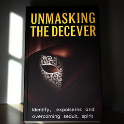 A dramatic and captivating book cover design titled 'UNMASKING THE DECEIVER' , featuring a mysterious figure wearing a delicate, intricately designed mask that partially obscures their face, symbolizing deception