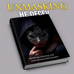 A dramatic and captivating book cover design titled 'UNMASKING THE DECEIVER' , featuring a mysterious figure wearing a delicate, intricately designed mask that partially obscures their face, symbolizing deception