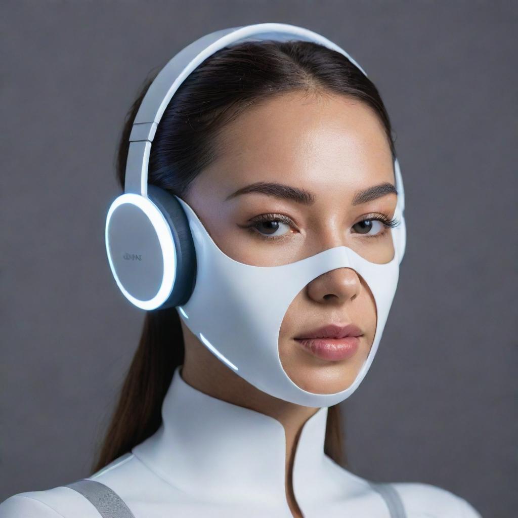 A futuristic headset combined with a sophisticated face mask, illuminated with subtle, sleek lights.