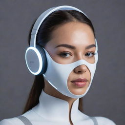 A futuristic headset combined with a sophisticated face mask, illuminated with subtle, sleek lights.