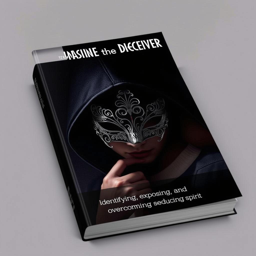 A sleek and modern book cover design titled 'UNMASKING THE DECEIVER' featuring a person in a dark hoodie and a beautifully ornate mask hiding their face, symbolizing mystery and deception