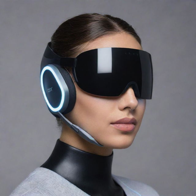 A futuristic headset combined with a sophisticated face mask, illuminated with subtle, sleek lights.