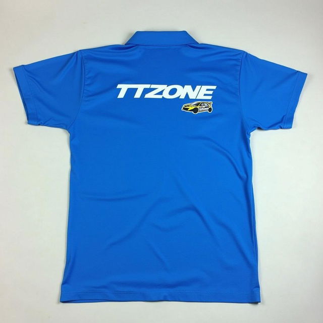 A short-sleeved blue polo shirt featuring the text 'TTZONE' prominently displayed on the back