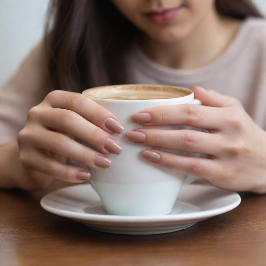 Generate a casual, unprofessional image of a girl's hand with long nails, subtly capturing it as she tenderly holds a cup of Nescafe indoors, with less focus on the hand and more on the overall ambiance.