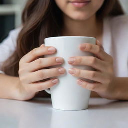 Generate a casual, unprofessional image of a girl's hand with long nails, subtly capturing it as she tenderly holds a cup of Nescafe indoors, with less focus on the hand and more on the overall ambiance.