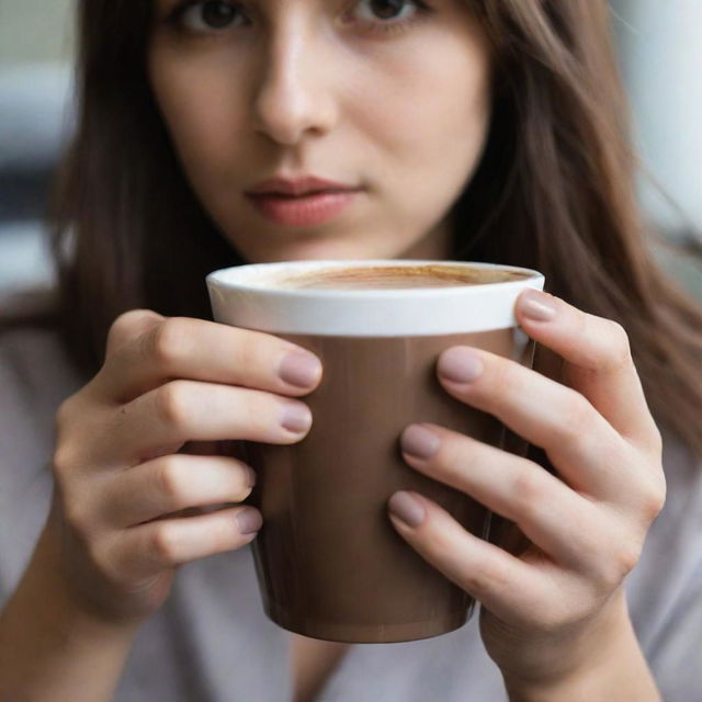 Generate a casual, unprofessional image of a girl's hand with long nails, subtly capturing it as she tenderly holds a cup of Nescafe indoors, with less focus on the hand and more on the overall ambiance.