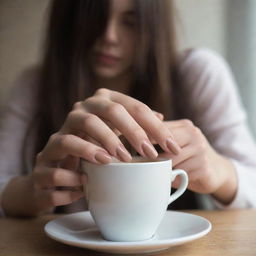 Generate a casual, unprofessional image of a girl's hand with long nails, subtly capturing it as she tenderly holds a cup of Nescafe indoors, with less focus on the hand and more on the overall ambiance.