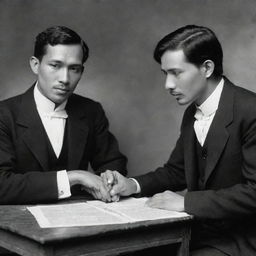 Simoun, the cunning jeweler, and Basilio, the aspiring doctor, from Jose Rizal's novel, El Filibusterismo. The pair are deeply engaged in a complex conversation, surrounded by the setting of 19th century Philippines.