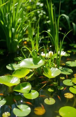 A serene water plant setting featuring vibrant green aquatic plants thriving in a clear, tranquil pond