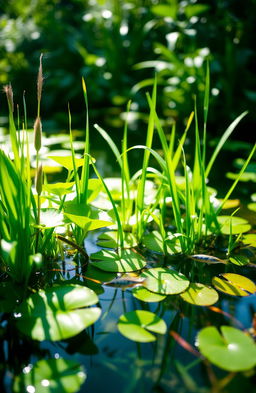 A serene water plant setting featuring vibrant green aquatic plants thriving in a clear, tranquil pond