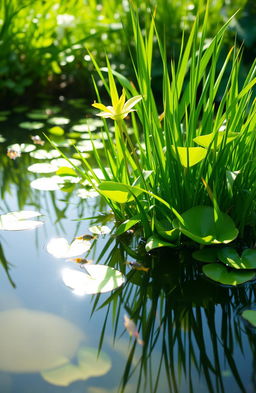 A serene water plant setting featuring vibrant green aquatic plants thriving in a clear, tranquil pond