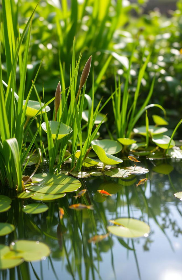 A serene water plant setting featuring vibrant green aquatic plants thriving in a clear, tranquil pond