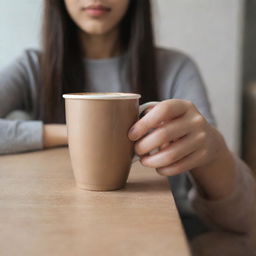 Generate a casual, non-professional image focusing on a girl's hand with long nails holding a cup of Nescafe indoors. The shot should show no face, with the hand subtly in the frame, and focus on the warm ambience of the room.