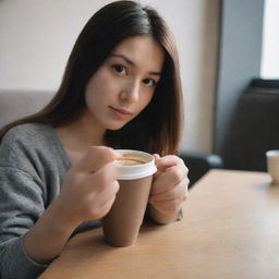 Generate a casual, non-professional image focusing on a girl's hand with long nails holding a cup of Nescafe indoors. The shot should show no face, with the hand subtly in the frame, and focus on the warm ambience of the room.